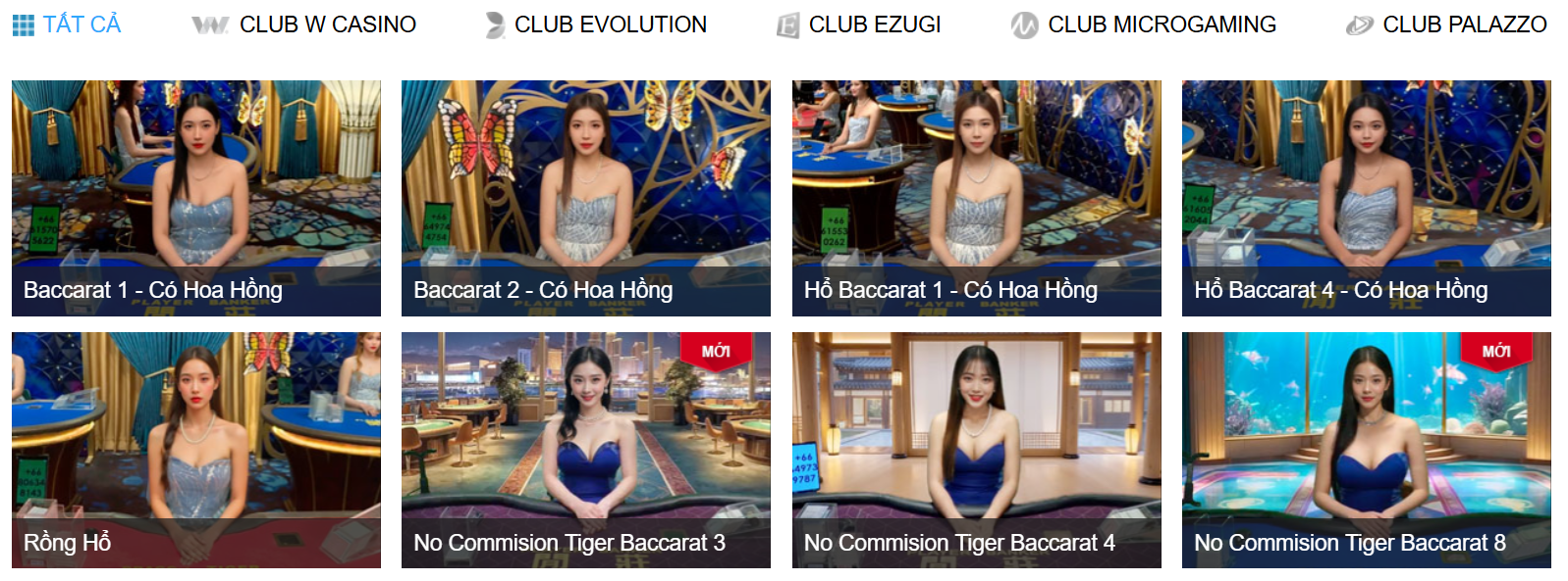 Sảnh live casino với các bàn baccarat của Club W và Evolution